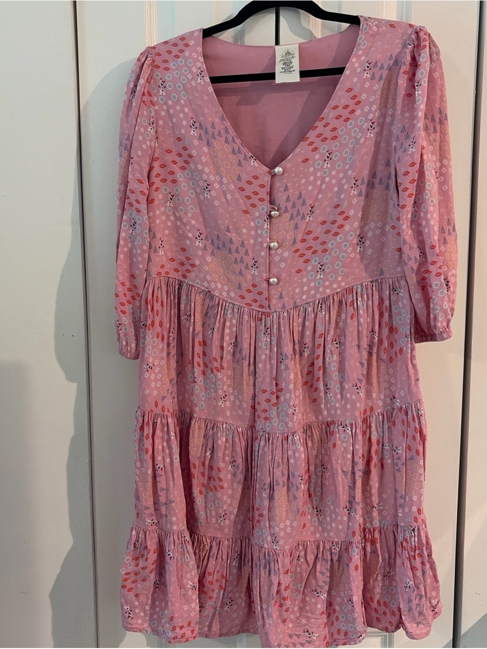 Disney's Brittney Lee Frozen Olaf Dress Tiered Babydoll Pink Dress Size Small
